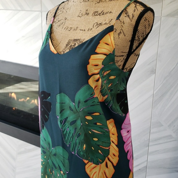 C&E maxi dress green yellow pink tropical print  spaghetti strap Size Large - Picture 3 of 5